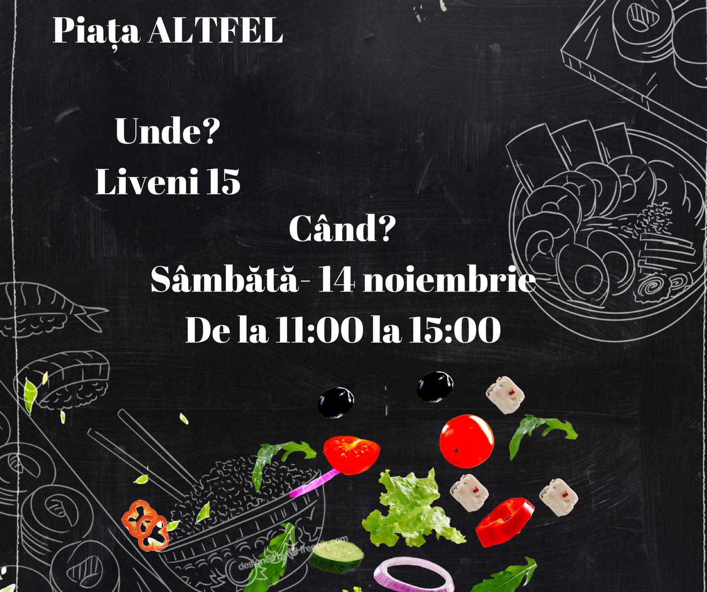 May be an image of text that says 'Piața ALTFEL Unde? Liveni 15 Când? Sâmbătă 14 noiembrie Dela Dela11:00la15:00 De 11:00 la'